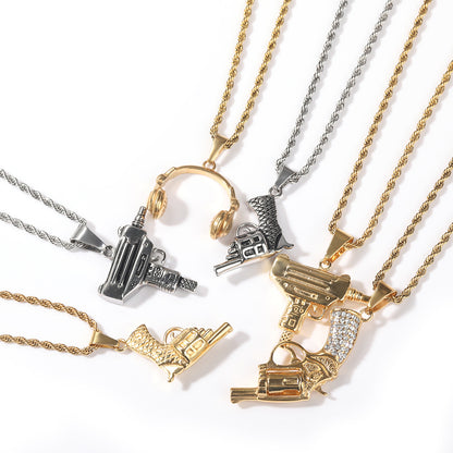 Stainless Steel Hip Hop Pendant Necklace with Cuban Chain - Headphones, Mini Pistol, Submachine Pendant in Gold or Silver Tone