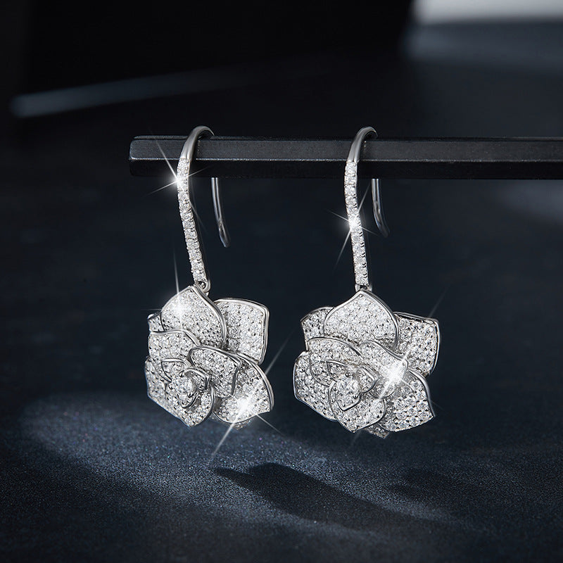 Floral Crystal Drop Earrings, Sparkling Camellia Flower Dangle Earrings for Women product image