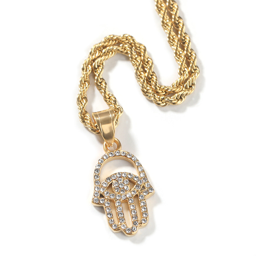 Gold Stainless Steel Irregular Hand Pendant Necklace with Diamond-Look Crystal Hip Hop Chain for Women