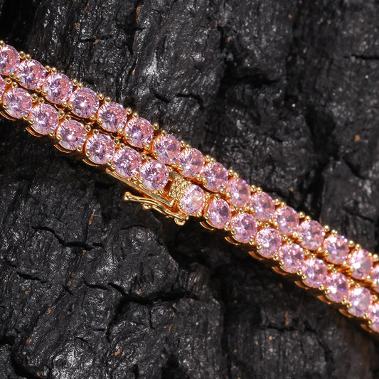 Pink Cubic Zirconia Tennis Chain Necklace for Women – Gold, Silver & Rose Gold Tone Line Pendant Chain