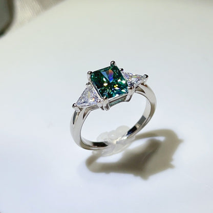 Green Moissanite Geometric Ring with Triangle Side Stones for Women