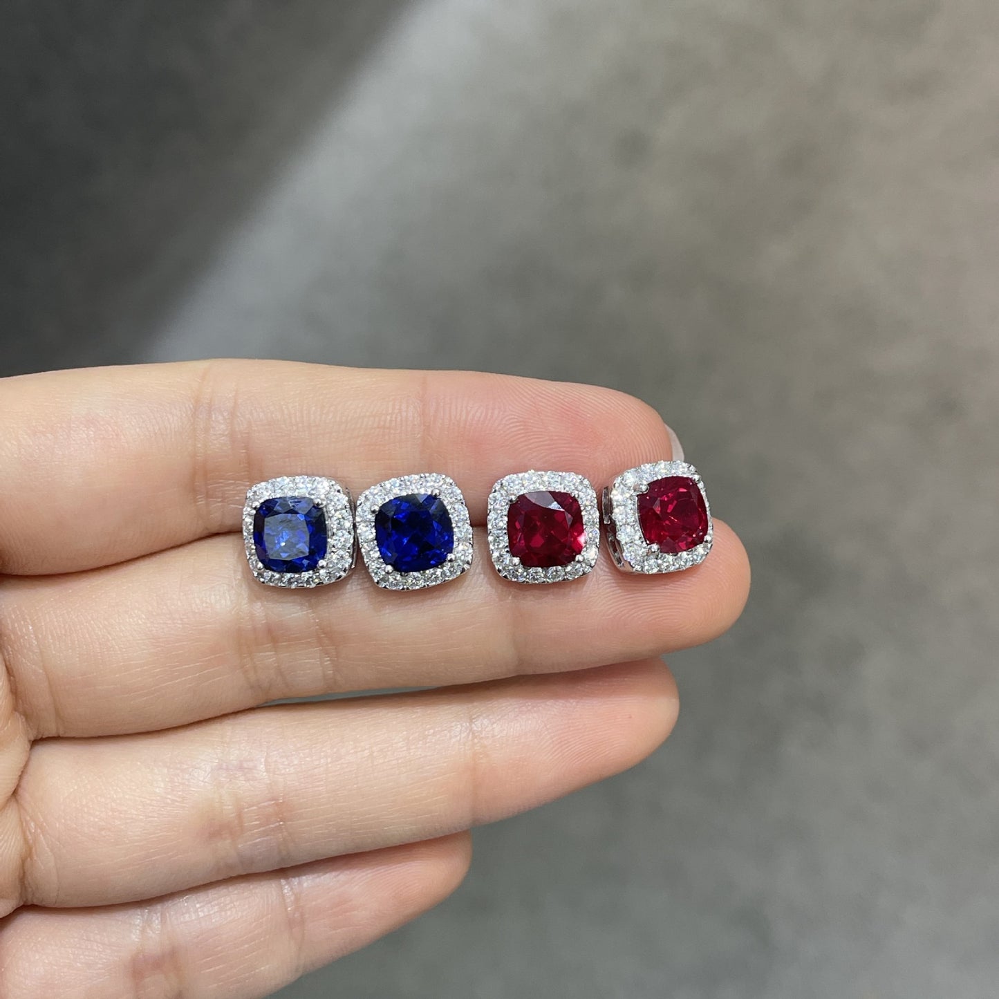 Square Halo Stud Earrings, Cushion Cut Colored Stone Ear Studs, Red and Blue Sparkle Earrings for Everyday Wear product image