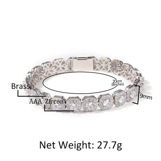 Iced Out Cubic Zirconia Chain Bracelet for Women & Men – Brass Square Link Statement Bracelet in Gold or Silver