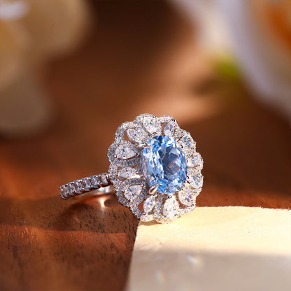 Oval Blue Halo Ring for Women, 925 Silver Floral Promise Ring