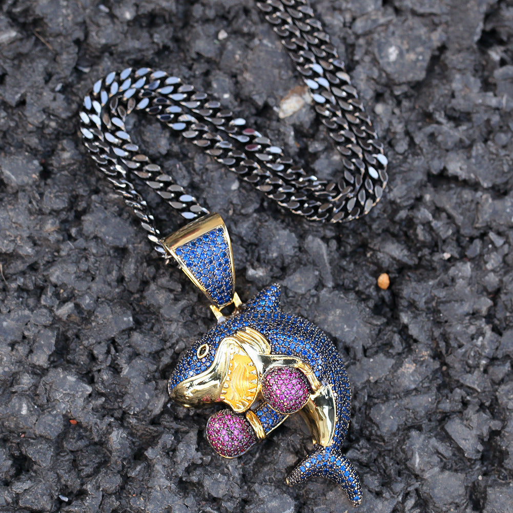 Iced Shark Pendant Necklace for Men with Cubic Zirconia Hip Hop Chain in Gold or Silver Tone product image