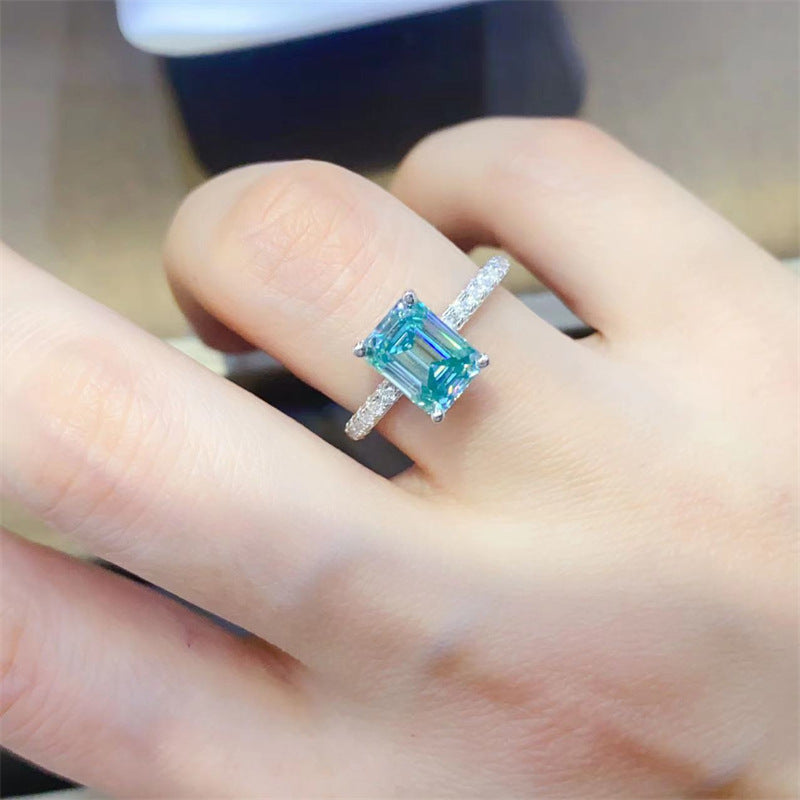 Green Emerald Cut Moissanite Ring for Women, Geometric U-Shape Pavé Band Promise Engagement Ring product image