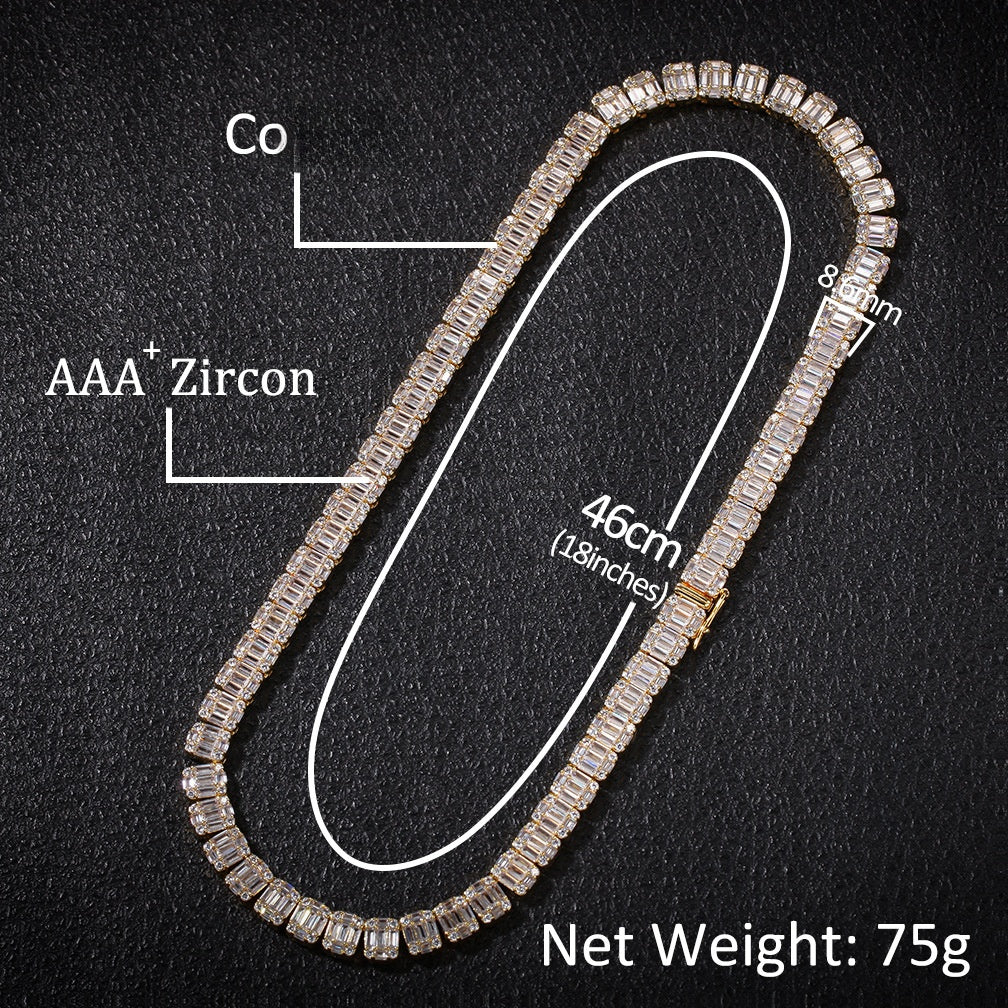 Unisex Iced Rectangular Cubic Zirconia Chain Necklace Pendant in Gold or Silver Tone, 18 Inch / 22 Inch