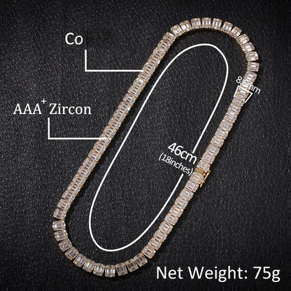 Unisex Iced Rectangular Cubic Zirconia Chain Necklace Pendant in Gold or Silver Tone, 18 Inch / 22 Inch