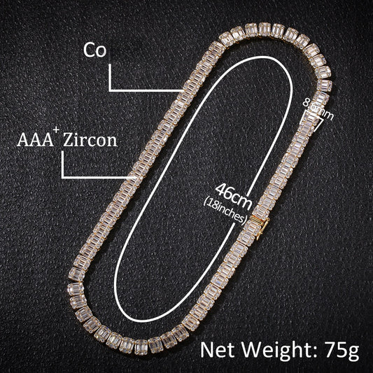 Unisex Iced Rectangular Cubic Zirconia Chain Necklace Pendant in Gold or Silver Tone, 18 Inch / 22 Inch