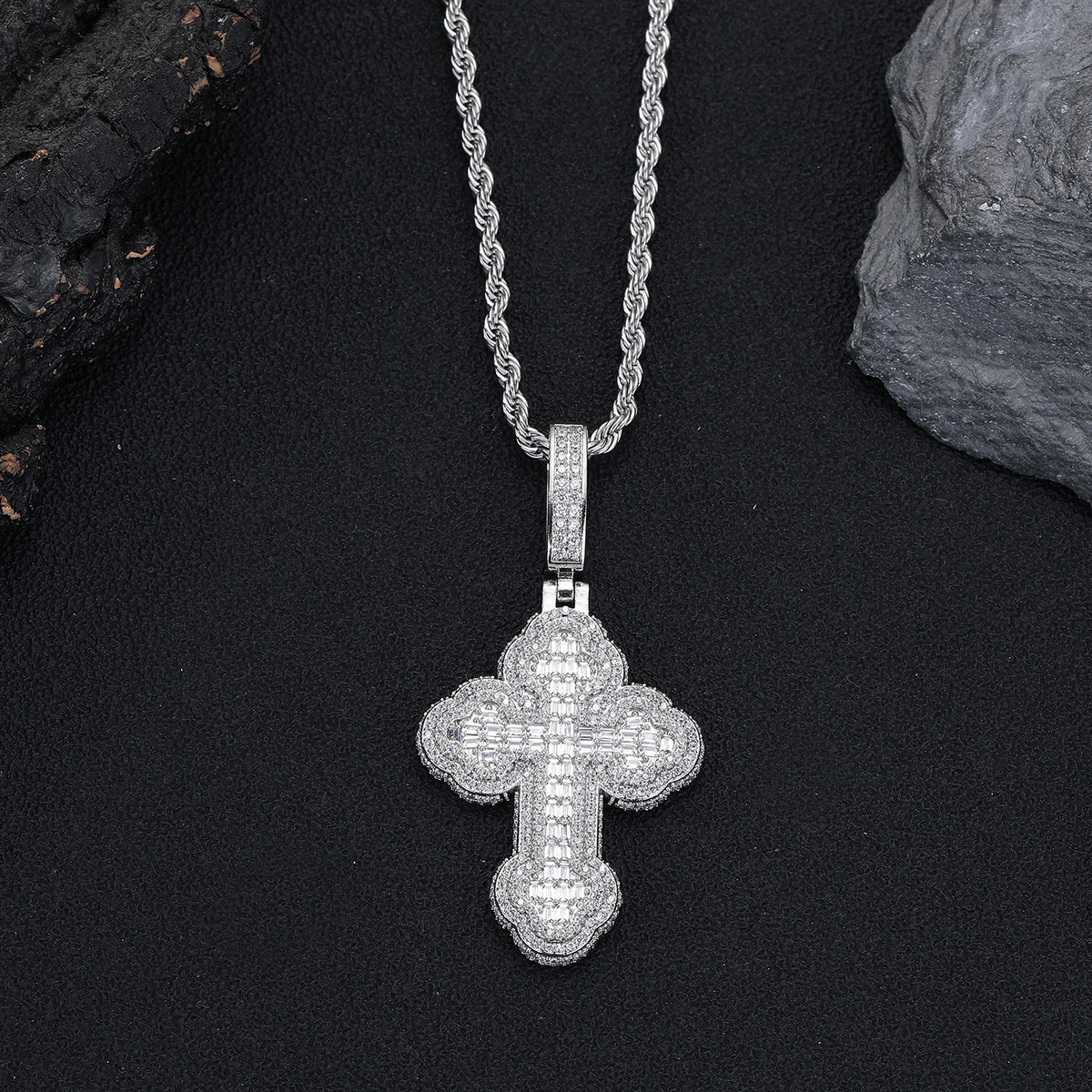 Cross Pendant Necklace with Cubic Zirconia, 3mm Twisted Rope Chain, 24 Inch, Gold Tone / White Gold Tone product image