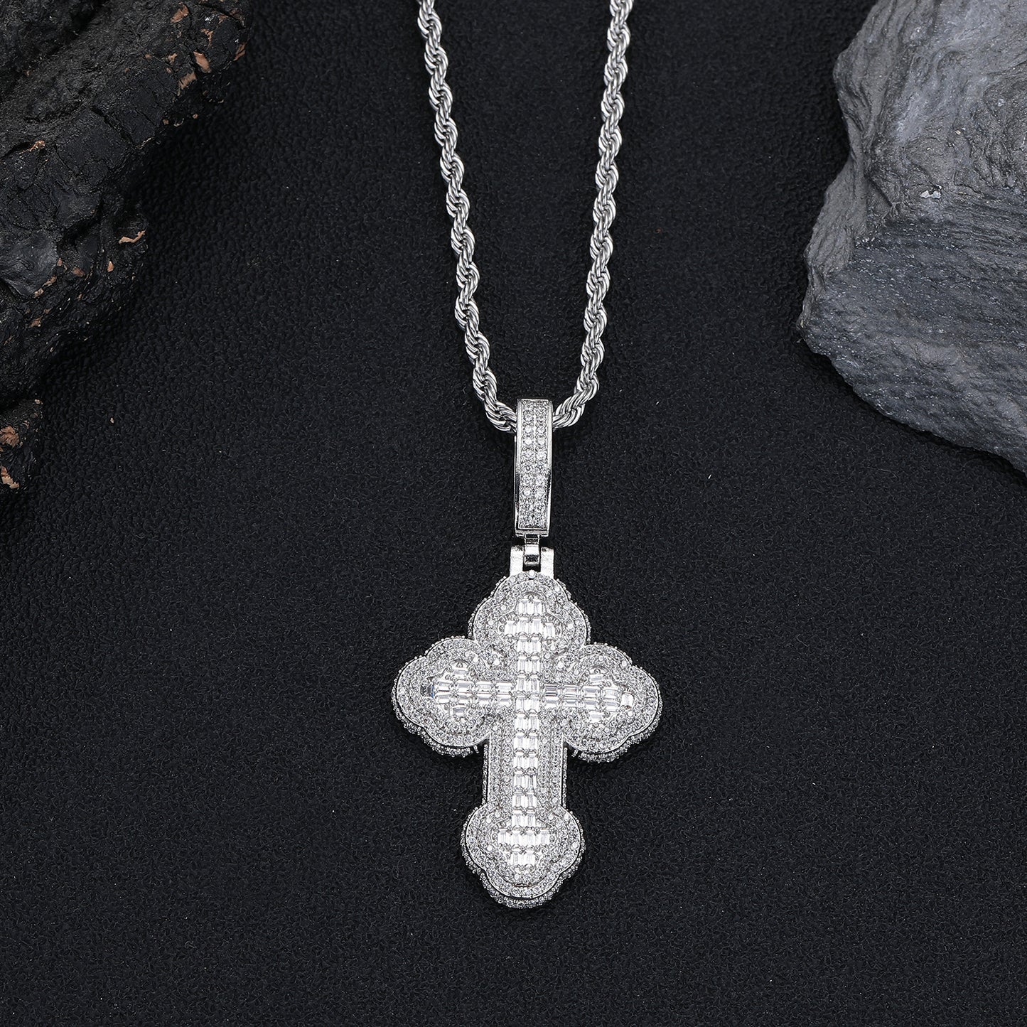 Cross Pendant Necklace with Zircon, 3mm Twisted Rope Chain, 24 Inch, Gold Tone / White Gold Tone