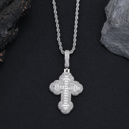 Cross Pendant Necklace with Cubic Zirconia, 3mm Twisted Rope Chain, 24 Inch, Gold Tone / White Gold Tone