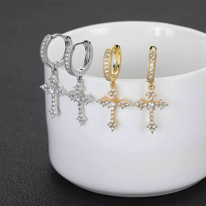 Cross Drop Hoop CZ Copper Earrings in Selectable Colors and Sizes - EAR014
