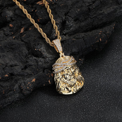 Men's Retro Portrait Pendant Necklace, Rope Chain, Hip Hop CZ Statement Chain