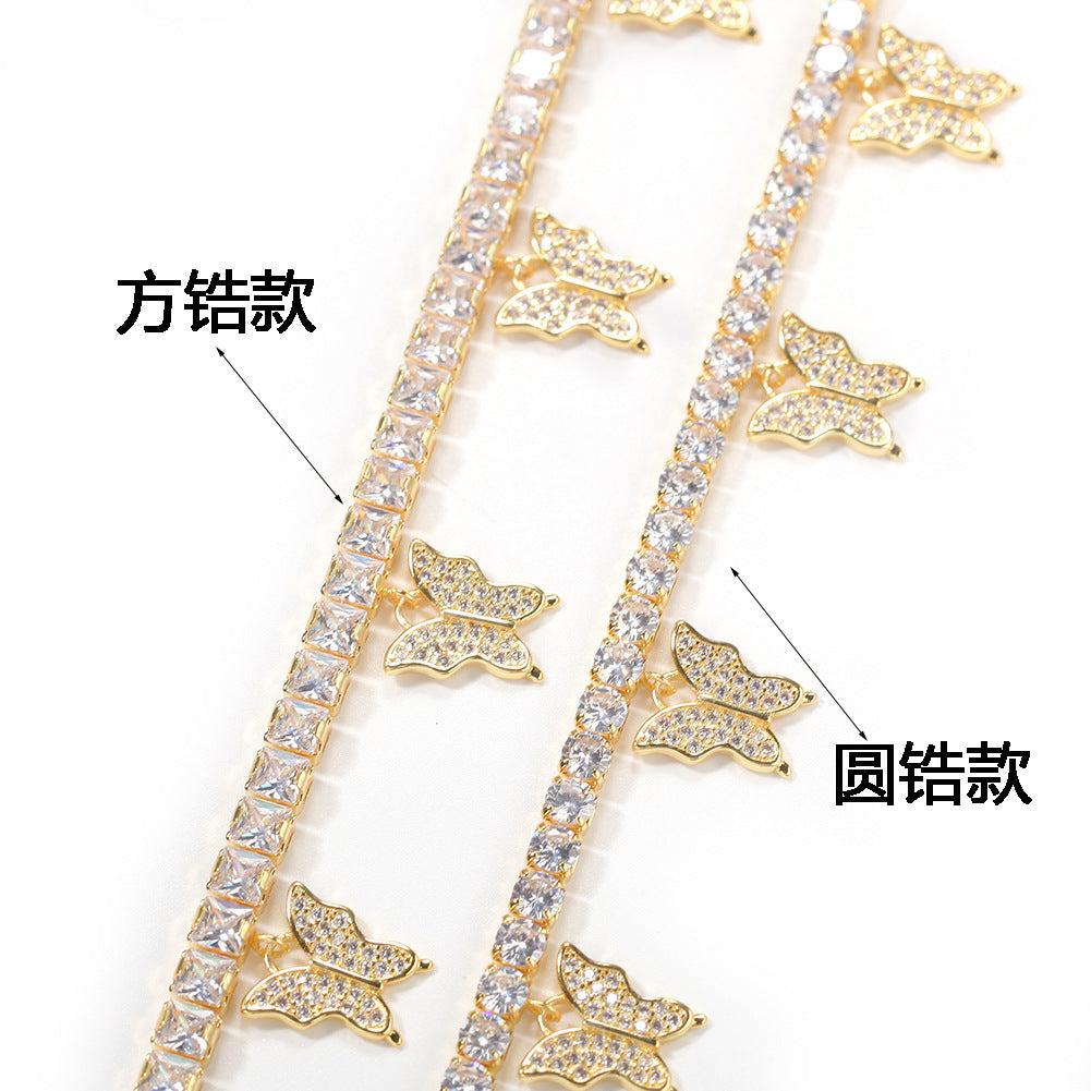 Butterfly Cubic Zirconia Tennis Anklet for Women – 9 Inch Gold, Silver & Rose Gold Copper Chain