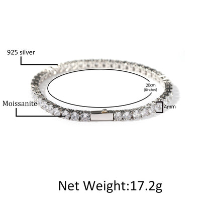 925 Sterling Silver Moissanite Tennis Bracelet for Women & Men - Iced Out Line Chain in Gold or Silver, 3mm/4mm