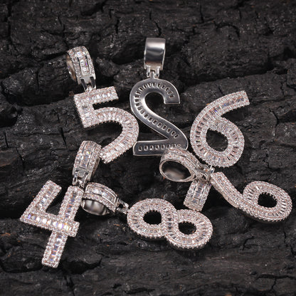 Men’s Iced Number Pendant Necklace with Cubic Zirconia, Gold or Silver Plated Numeric Charm Chain