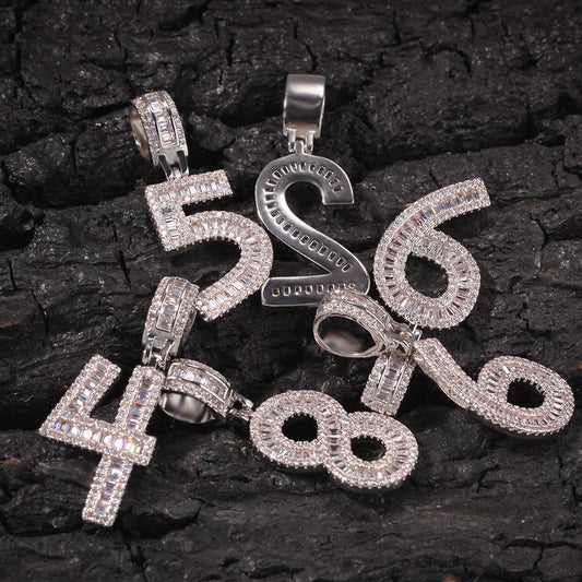 Men’s Iced Number Pendant Necklace with Cubic Zirconia, Gold or Silver Plated Numeric Charm Chain