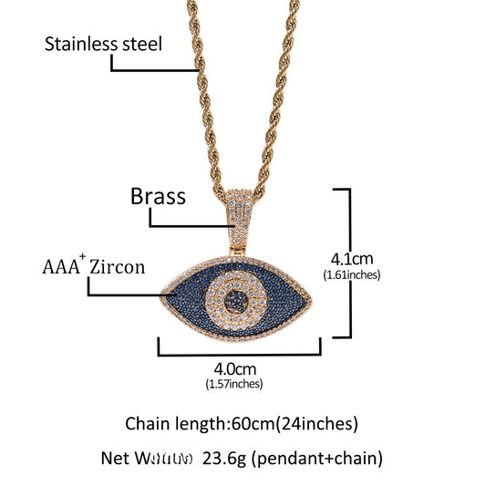 Evil Eye Pendant Necklace for Women with Crystal Detail, 24 Inch Stainless Steel Twist Chain, Gold or Silver Tone Statement Jewelry