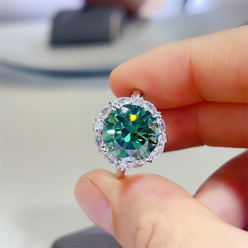 Green Moissanite Halo Ring for Women, Round Center Stone with Marquise Side Accent Design product image