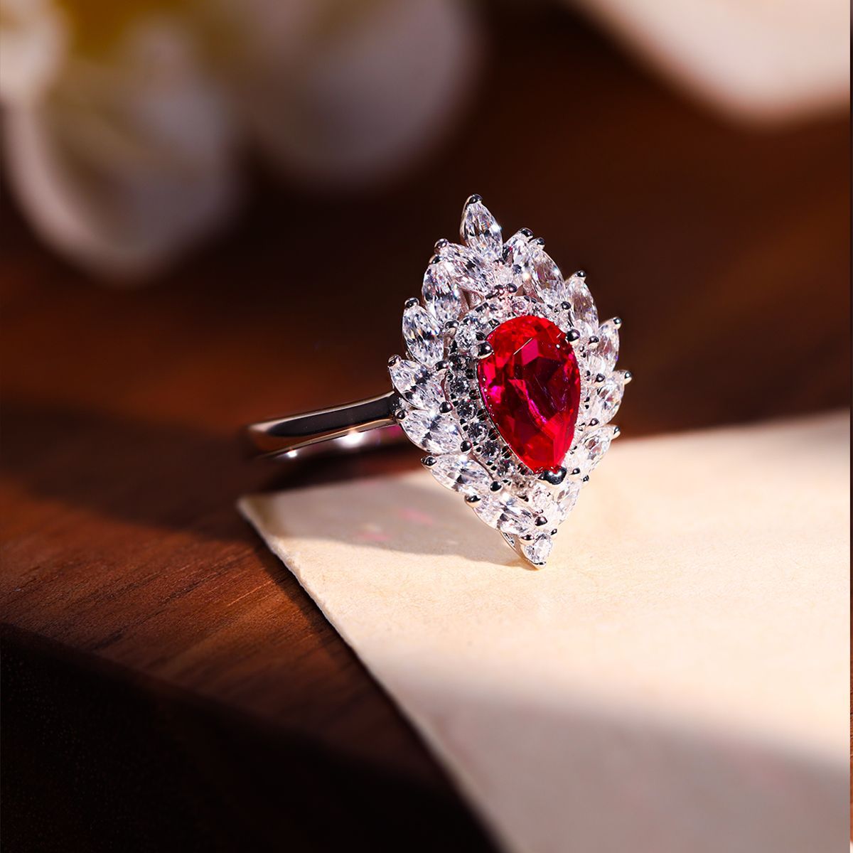 Pear-Shaped Red Halo Ring in 925 Silver, Floral Teardrop Ring product image