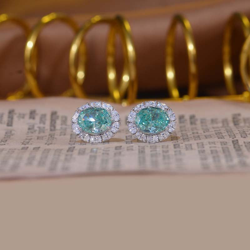 Oval Green Halo Stud Earrings for Women, Sterling Silver product image