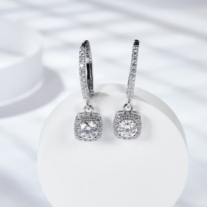 Moissanite Square Halo Drop Earrings for Women, Pavé Huggie Hoop Dangle Style