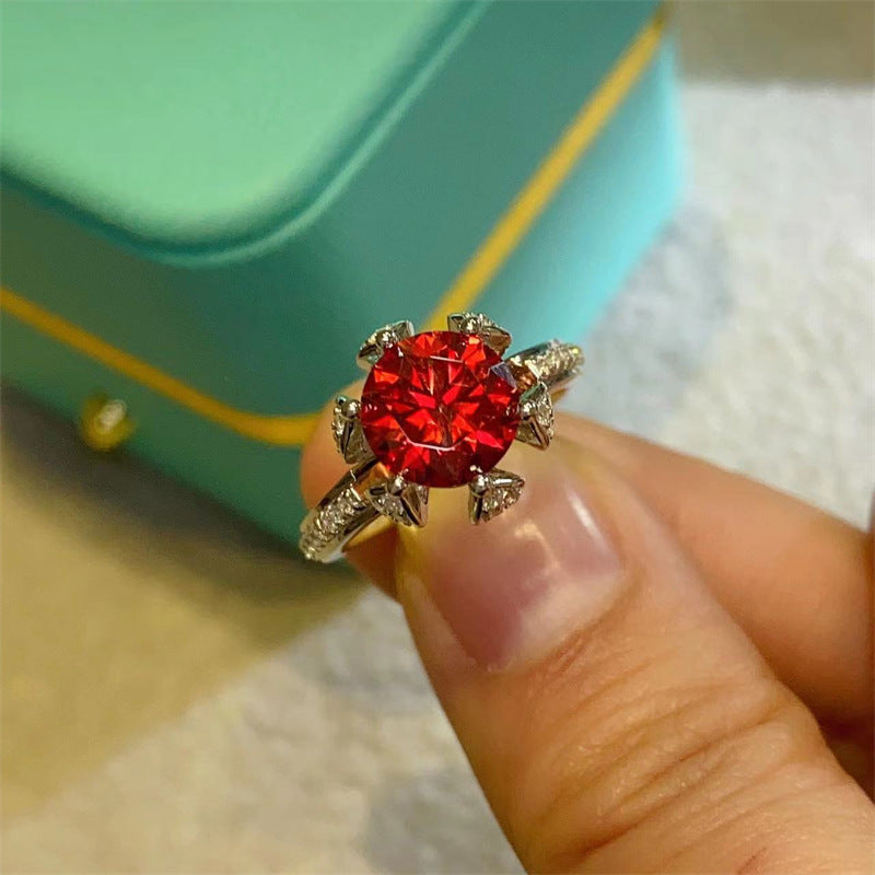 Red Moissanite Halo Ring for Women, Floral Pave Band Statement Ring, Gift Ring Sizes 8-20 product image
