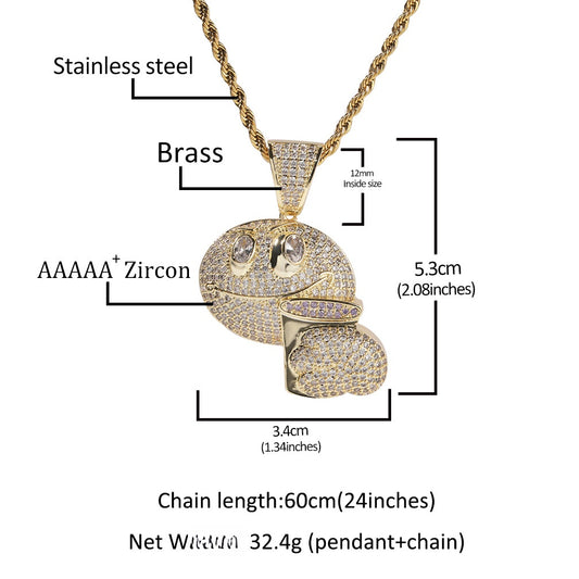 Iced Out Cartoon Face Pendant Necklace with Cubic Zirconia Hip Hop Chain for Women