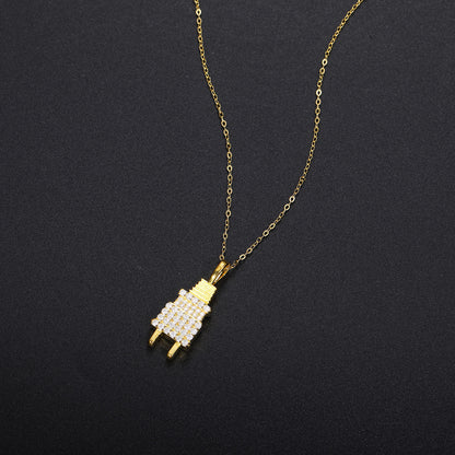 Iced Out Moissanite Power Plug Pendant Necklace in Gold Tone