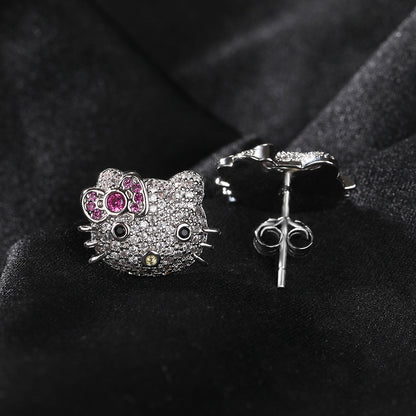 Cute Cartoon Cat Cubic Zirconia Stud Earrings for Women in Gold or Silver Tone