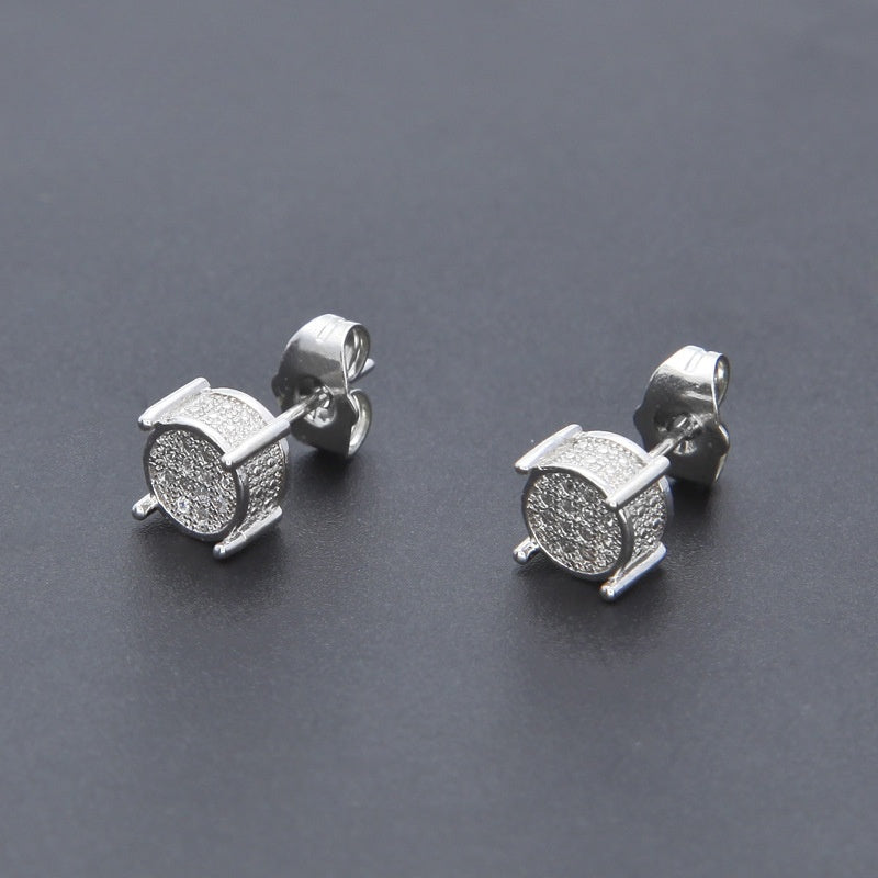 Unisex Round Micro Pave Stud Earrings in Gold or White Gold Tone