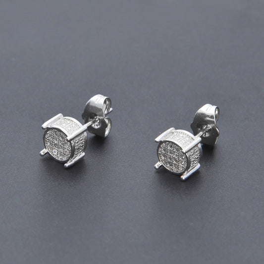 Unisex Round Micro Pave Stud Earrings in Gold or White Gold Tone