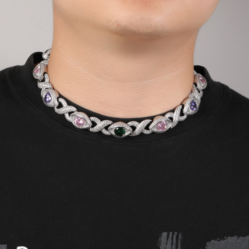 Iced Eye Cuban Link Chain Necklace Bracelet for Men in Silver Tone with Cubic Zirconia Pendant Detail