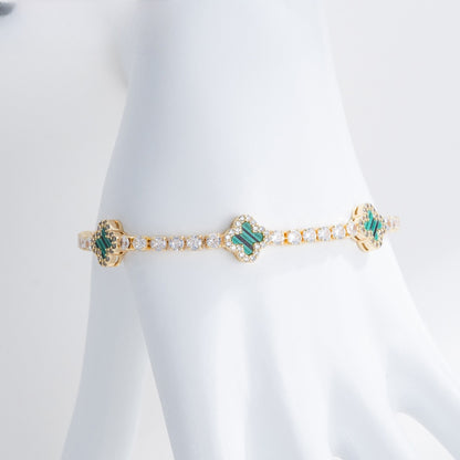 Elegant Gold Plated Flower Petal Tennis Bracelet for Women with Crystal Clover Charm