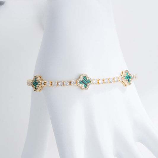 Elegant Gold Plated Flower Petal Tennis Bracelet for Women with Crystal Clover Charm
