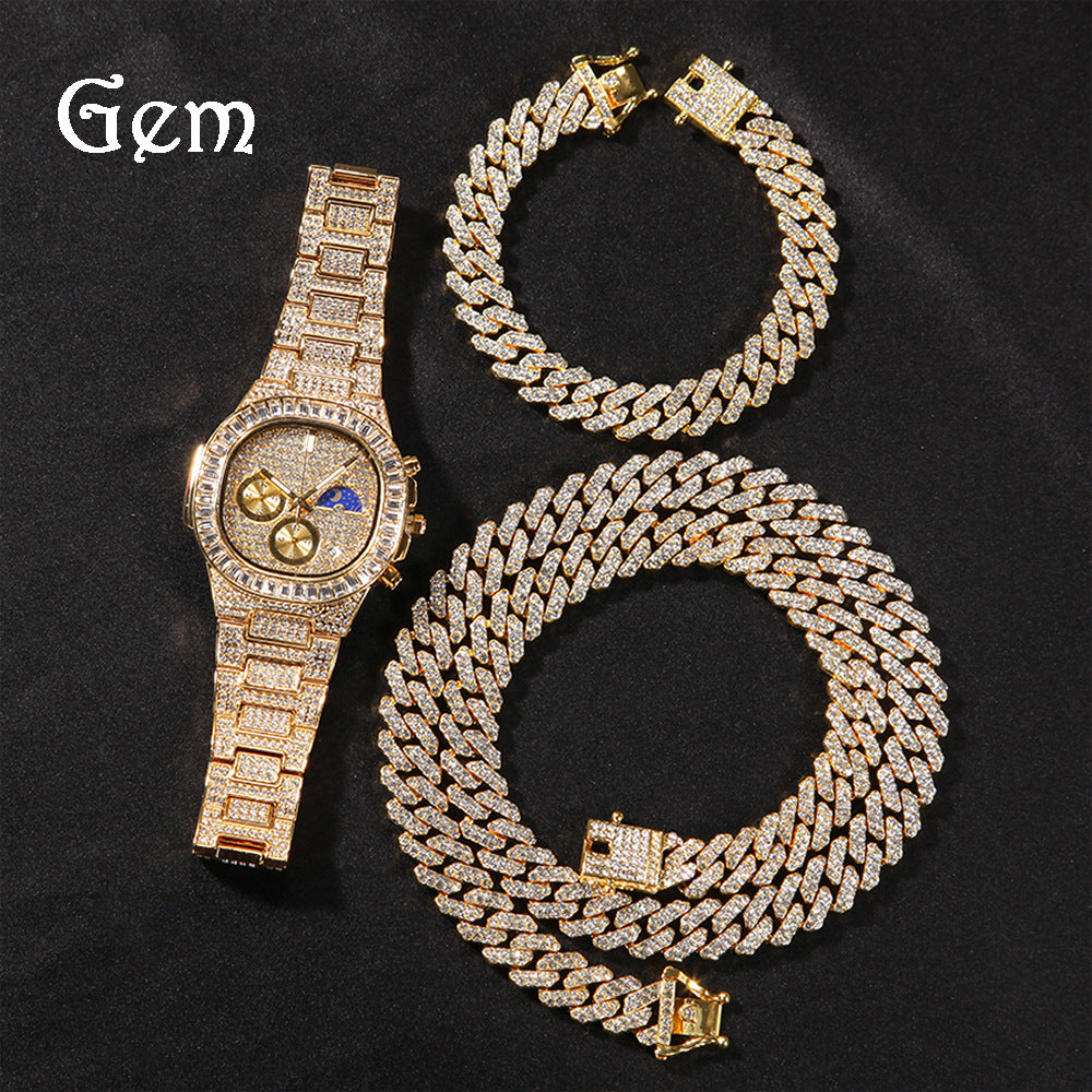 Iced Out Cuban Link Necklace Bracelet & Watch Set for Women and Men – 12mm Cubic Zirconia Statement Chain Jewelry Set