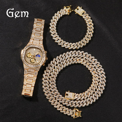 Iced Out Cuban Link Necklace Bracelet & Watch Set for Women and Men – 12mm Cubic Zirconia Statement Chain Jewelry Set