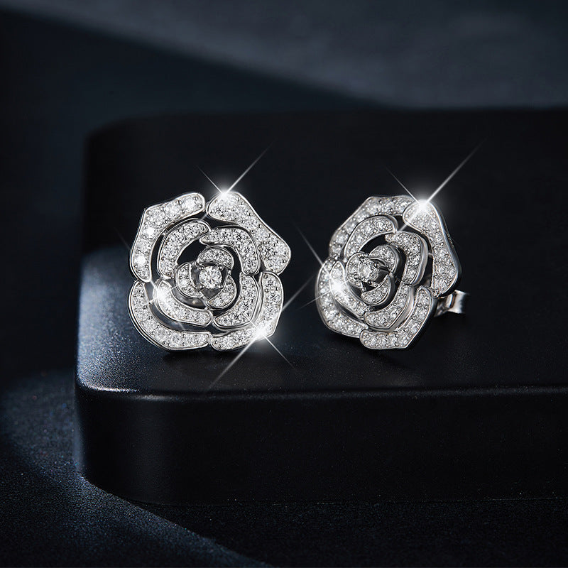 S925 Sterling Silver Camellia Flower Moissanite Stud Earrings for Women product image