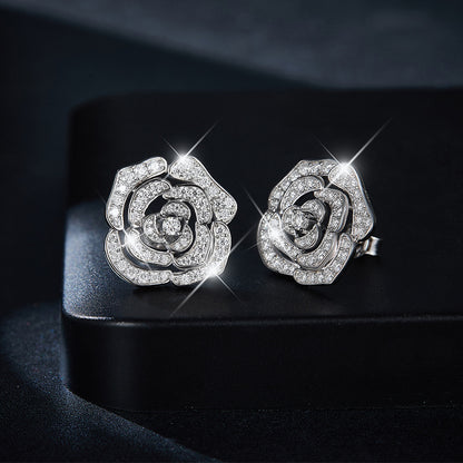 S925 Sterling Silver Camellia Flower Moissanite Stud Earrings for Women