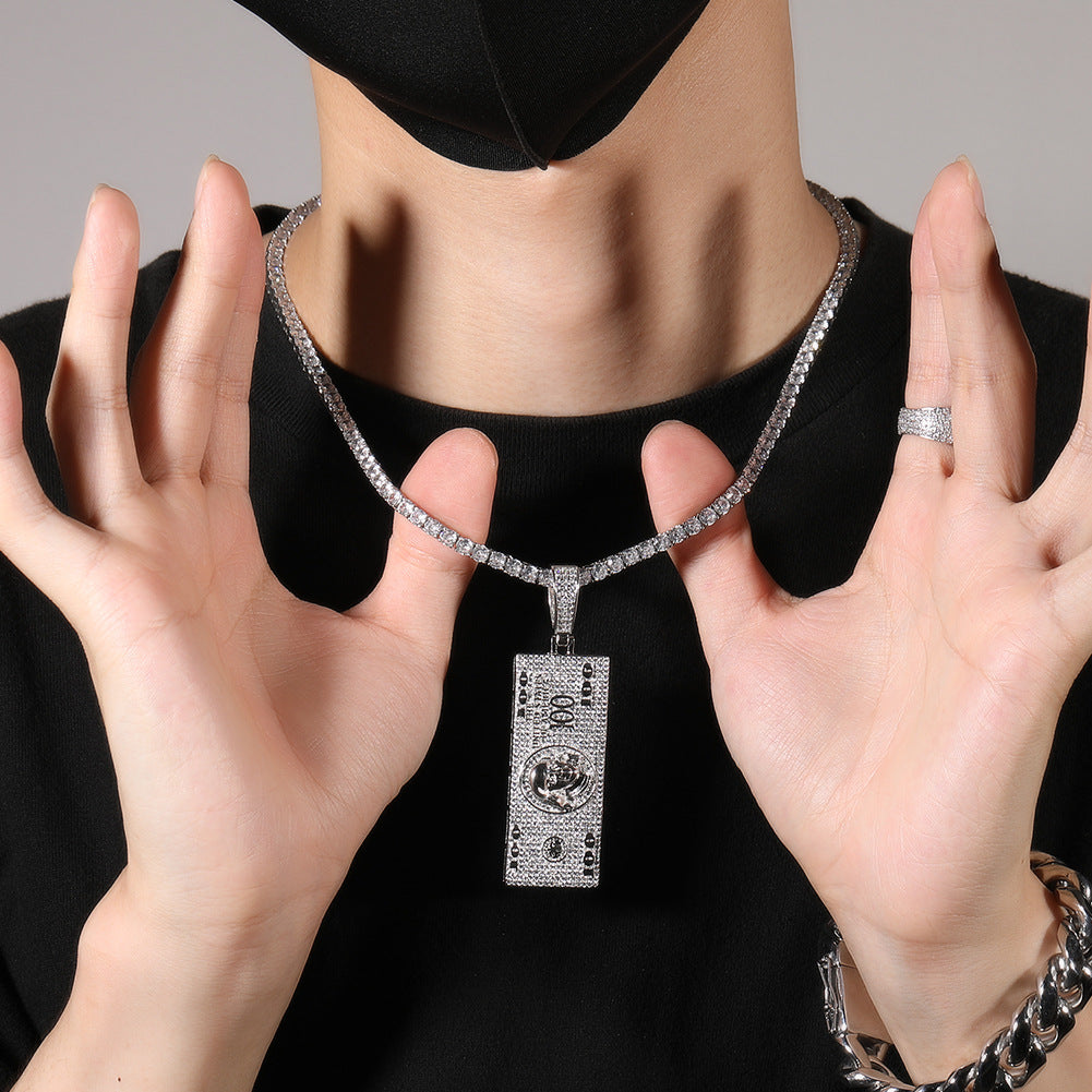 Men’s Iced Money Bar Pendant Necklace with Zircon Stones, 24 Inch 3mm Rope Chain, Gold or Silver Tone