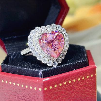 Pink Heart Moissanite Halo Ring for Women, 5 Carat Statement Engagement Ring