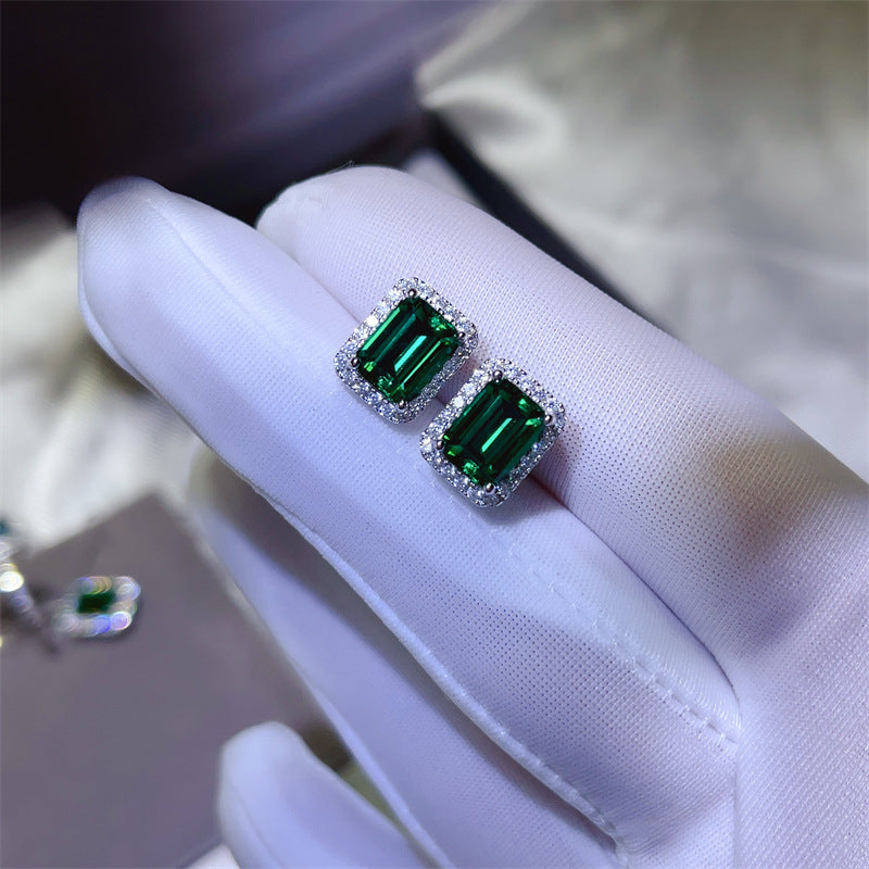 Emerald Green Halo Jewelry Set for Women, Rectangular Pendant, Stud Earrings and Ring, Minimal Everyday Gift Style product image
