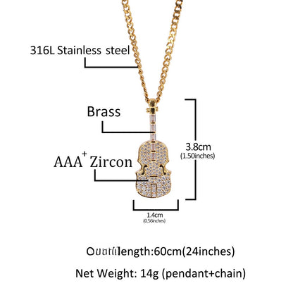 Iced Violin Pendant Necklace with Cuban Chain for Women & Men, Gold Plated or Silver Plated Cubic Zirconia Statement Chain