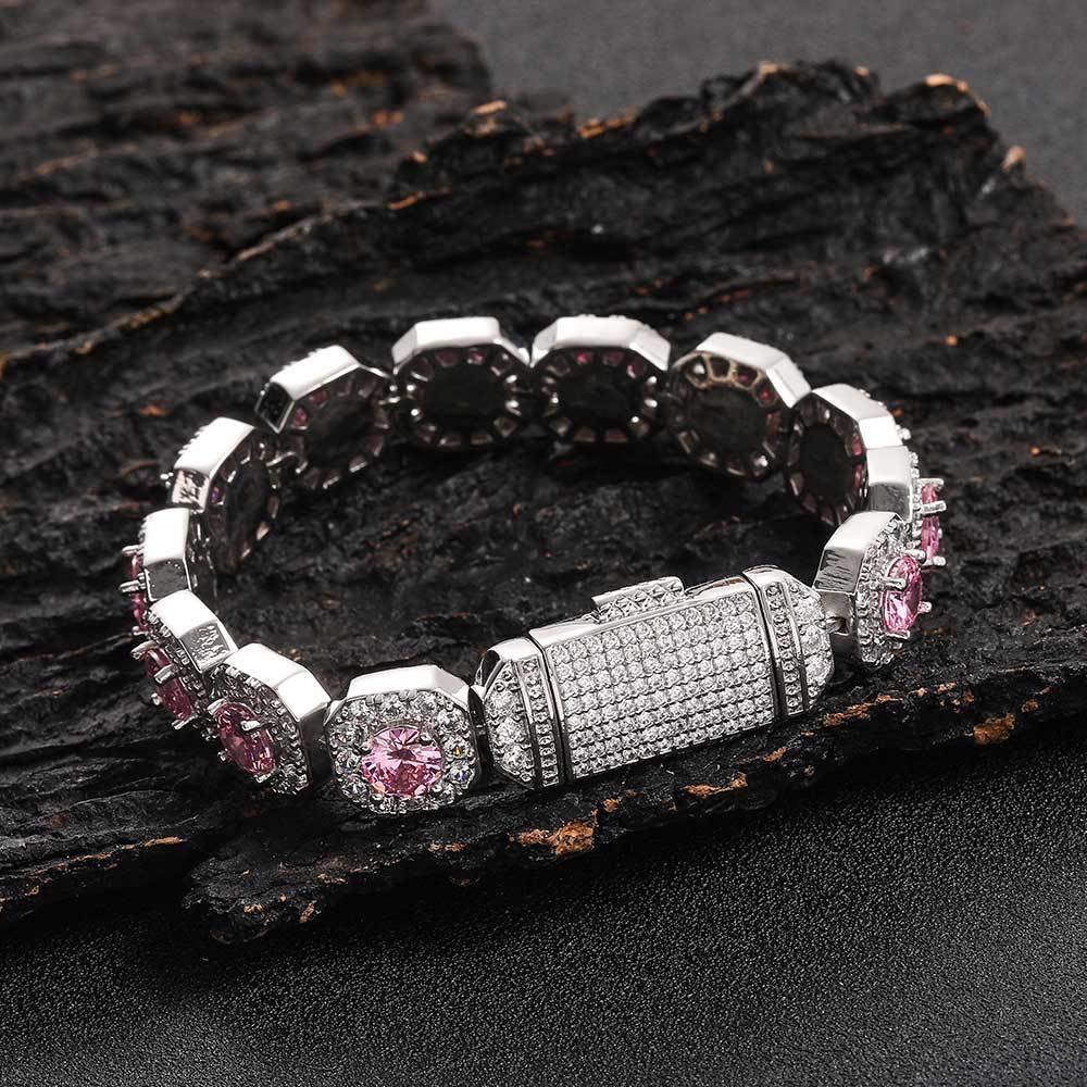 12 mm Blue Round Halo CZ Link Hip Hop Bracelet with Copper Base - CHA190 product image