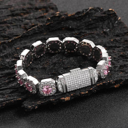 12 mm Blue Round Halo CZ Link Hip Hop Bracelet with Copper Base - CHA190
