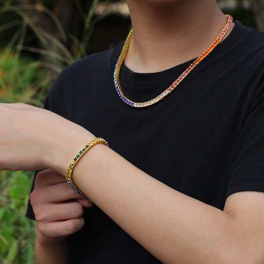 Unisex Rainbow Crystal Tennis Bracelet 8 Inch - Gold Plated or Silver Plated Elegant Statement Chain