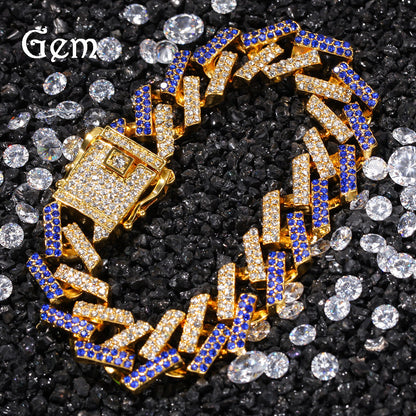 Unisex Iced Chain Link Bracelet 8 Inch Gold Silver Black Blue Statement Jewelry