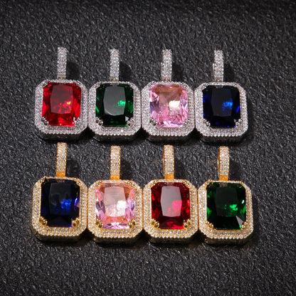 Iced Rectangular Gemstone Pendant Necklace for Women – Gold or Silver Plated Hip Hop Chain with Crystal Border