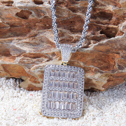 Iced Out Rectangular Pendant Necklace with Cubic Zirconia Hip Hop Chain for Women and Men